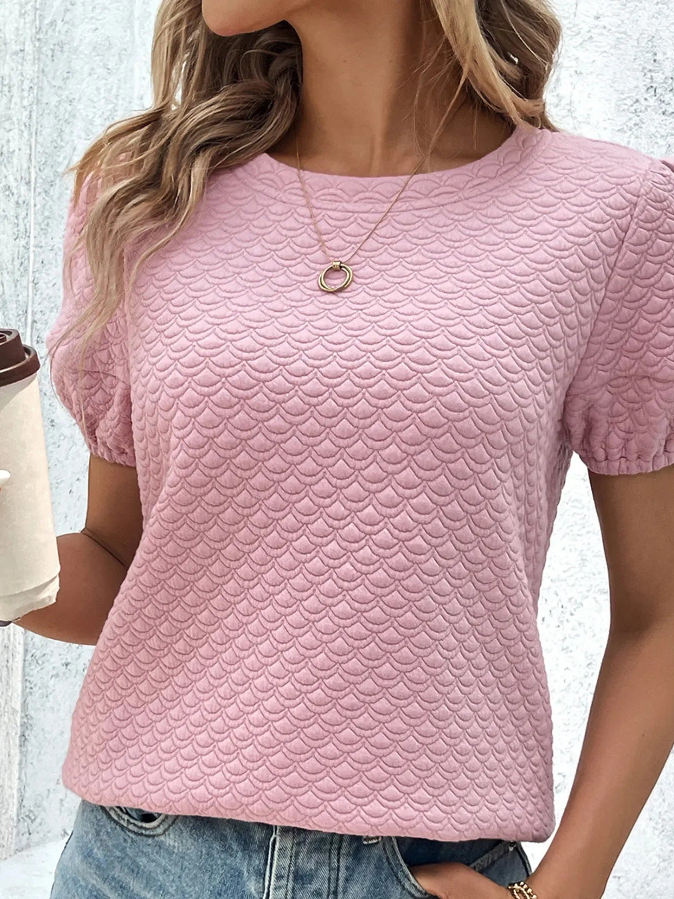Textured Puff Sleeve Stretch T Shirt Top - Southern Shores Clothing