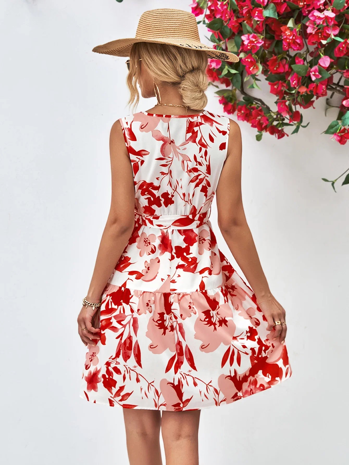 Floral V-Neck Tie Waist Sleeveless Dress - Southern Shores Clothing