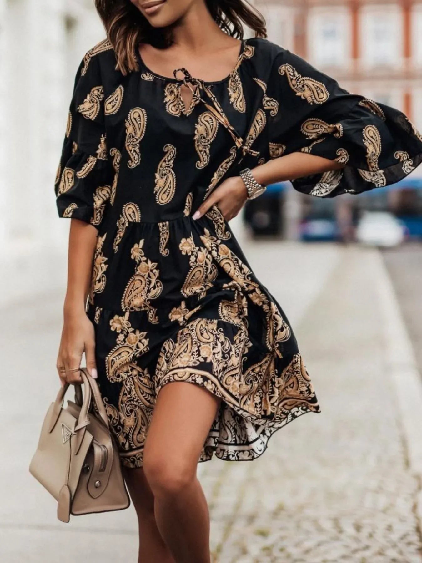Paisley Print Tie Neck Half Sleeve Mini Dress Casual Everyday - Southern Shores Clothing