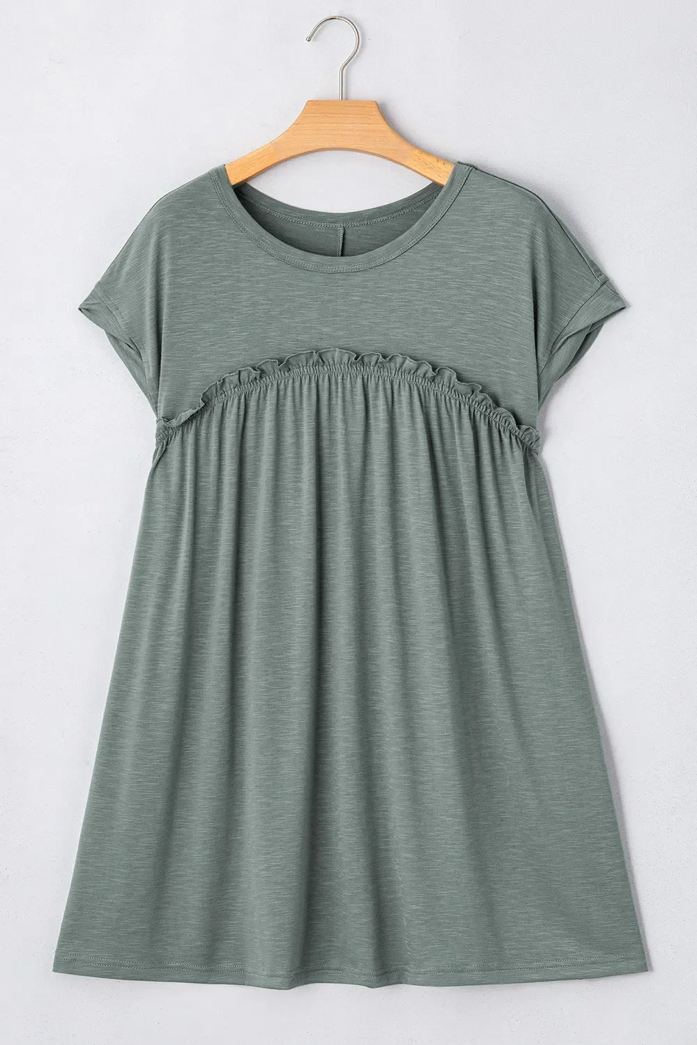 Frilled Gathered Seam Round Neck T Shirt Dress With Stretch - Southern Shores Clothing