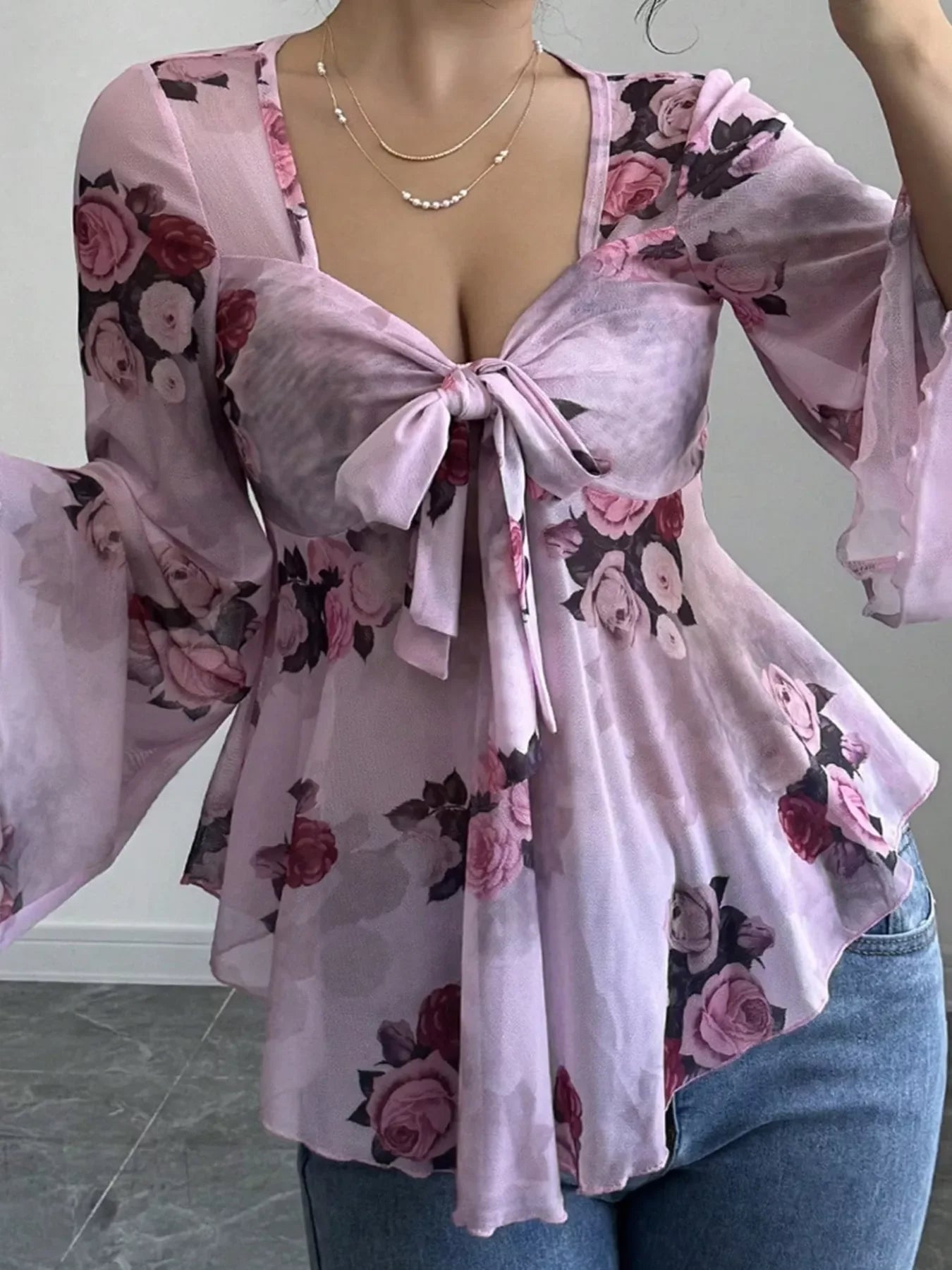 Floral Print Tie Front Flare Sleeve Blouse - Southern Shores Clothing