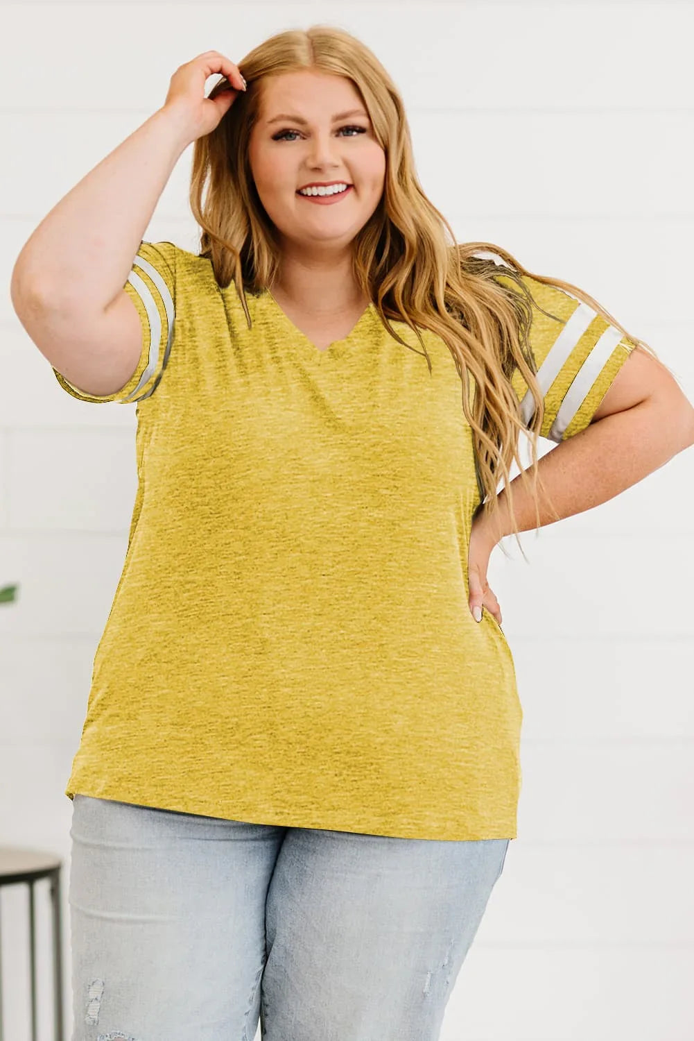 Plus Size Striped V-Neck Short Sleeve T-Shirt - Southern Shores Clothing
