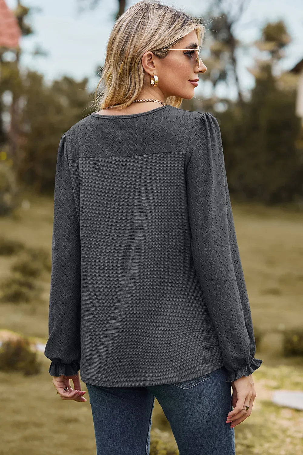 Eyelet Round Neck Flounce Sleeve T-Shirt - Southern Shores Clothing