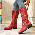 Embroidered Lace-Up Knee-High Boots With Mid Heel - Southern Shores Clothing