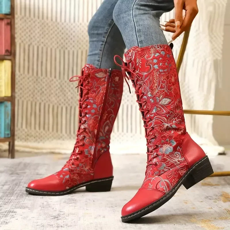 Embroidered Lace-Up Knee-High Boots With Mid Heel - Southern Shores Clothing