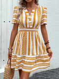 Geometric Print Notched Short Sleeve Mini Dress Casual Wearable - Southern Shores Clothing
