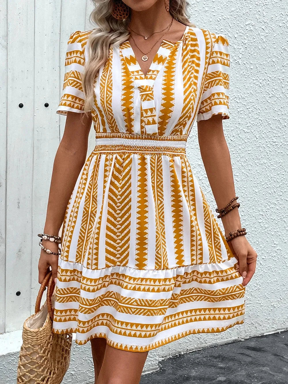 Geometric Print Notched Short Sleeve Mini Dress Casual Wearable - Southern Shores Clothing