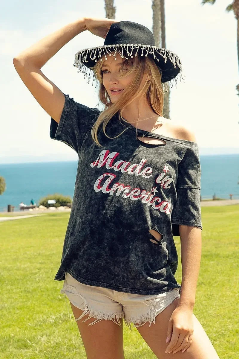 Laser Cut Mineral Washed America Print Cotton T Shirt - Southern Shores Clothing