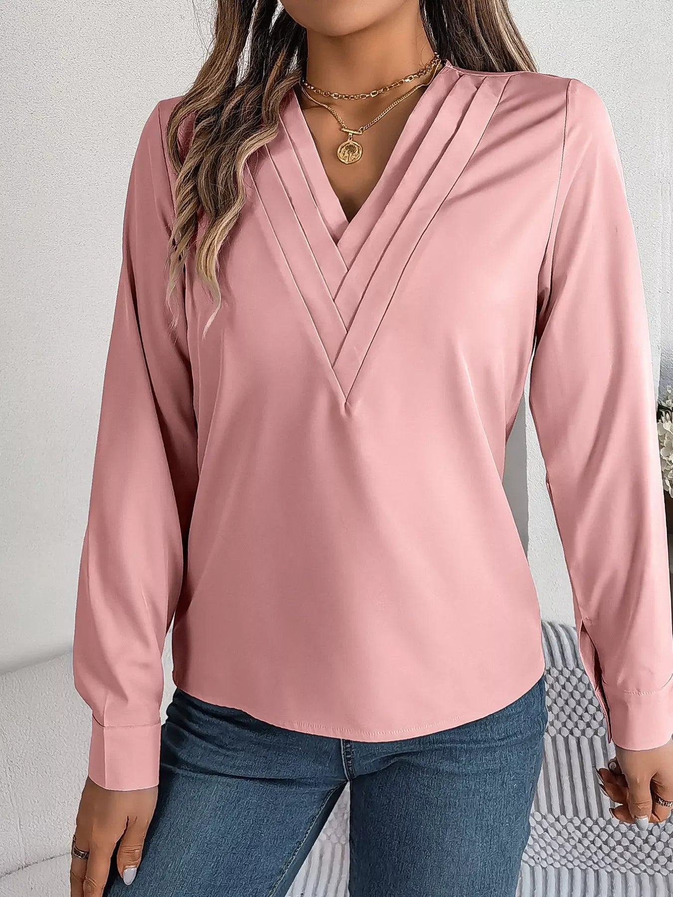 Layered V-Neck Long Sleeve Polyester Blouse - Southern Shores Clothing