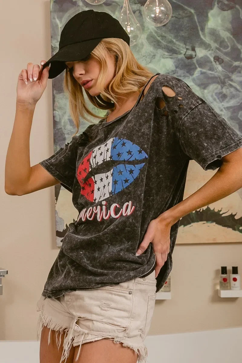 Laser Cut Lip Print Top Old Glory Mineral Washed - Southern Shores Clothing