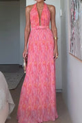 Halter Neck Pleated Maxi Dress With Belt - Southern Shores Clothing
