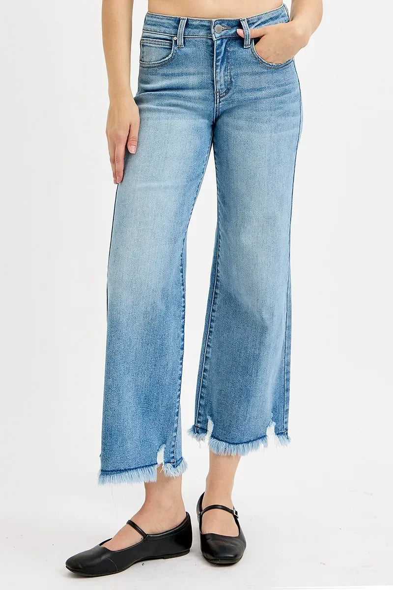 Plus Size Mid Rise Crop Wide Leg Denim Jeans With Stretch - Southern Shores Clothing