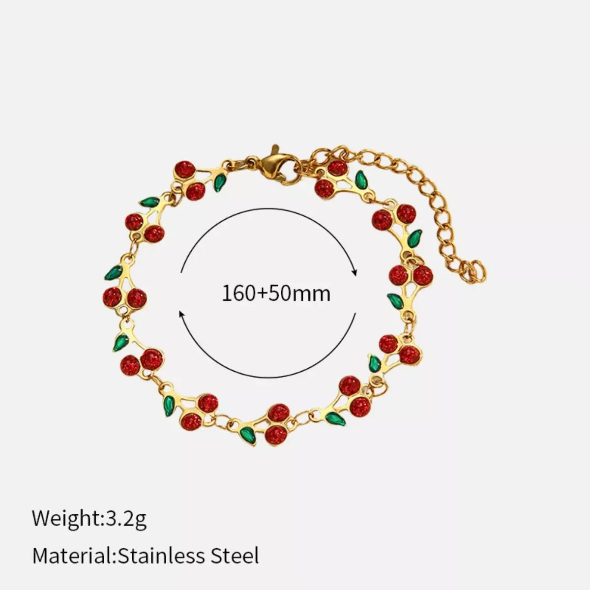18K Plated Cherry Charm Bracelet With Green Leaves - Southern Shores Clothing