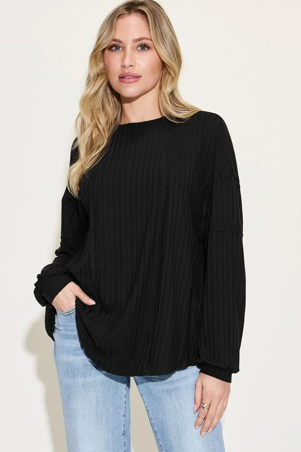 Ribbed Round Neck Long Sleeve T Shirt Basics - Southern Shores Clothing