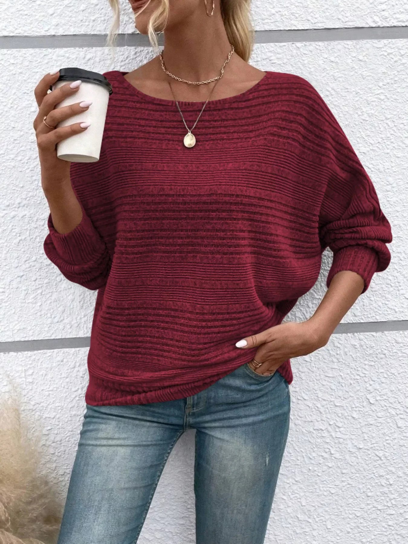 Ribbed Round-Neck Long-Sleeve T-Shirt With Slight Stretch - Southern Shores Clothing