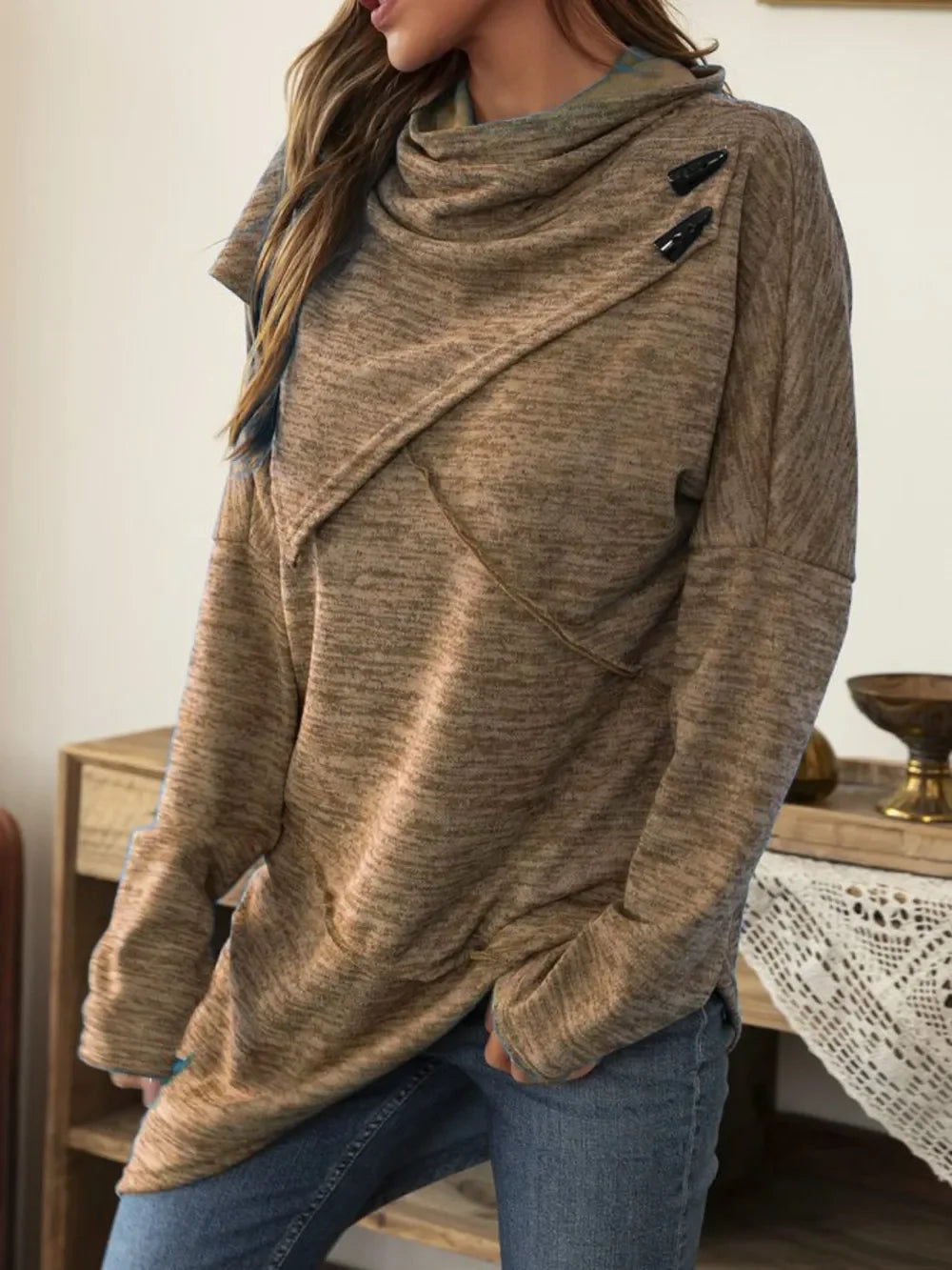 Asymmetrical Hem Cowl Neck Long Sleeve T-Shirt - Southern Shores Clothing