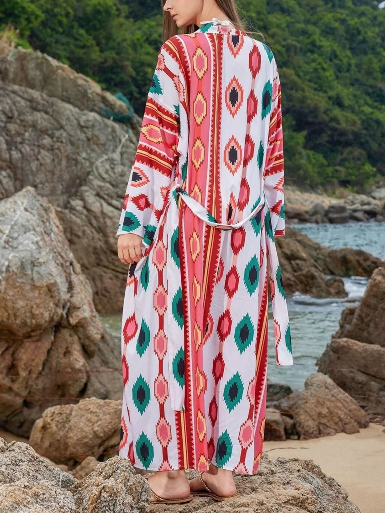 Boho Print Long Sleeve Cover Up Tie Waist Relaxed Fit Silhouette - Southern Shores Clothing