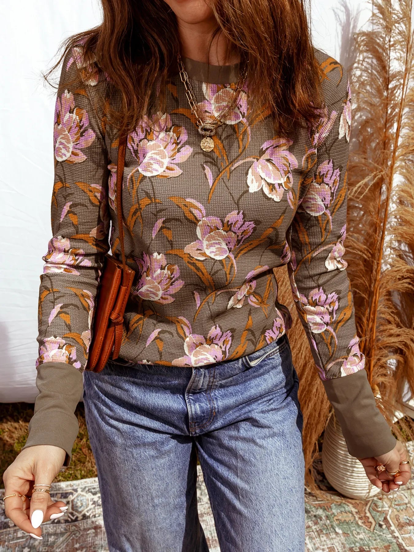 Floral Print Waffle Textured Long Sleeve Top - Southern Shores Clothing