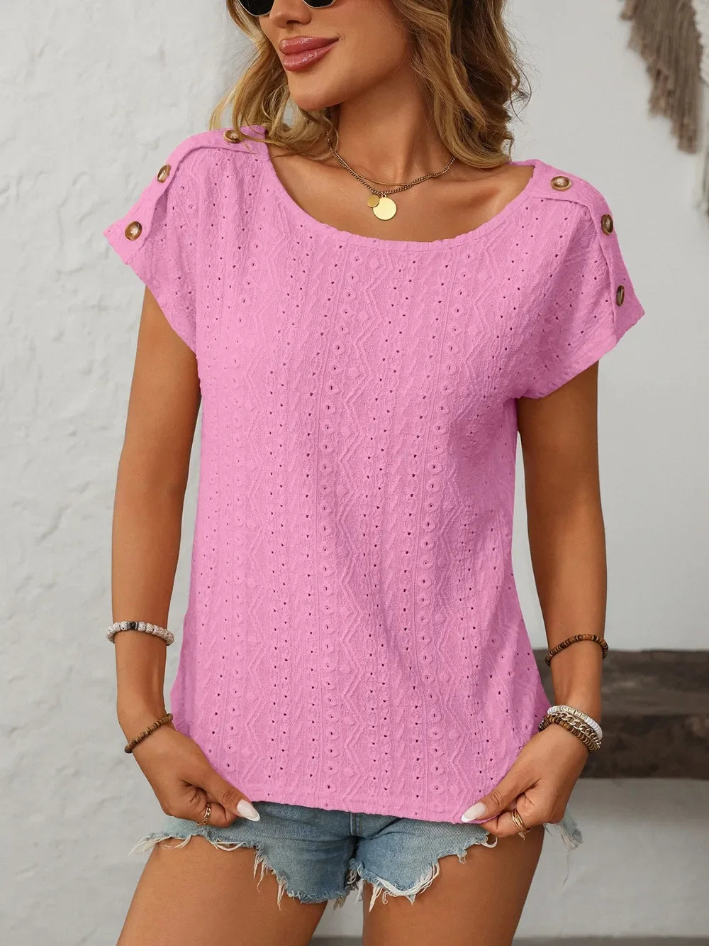 Eyelet Round Neck Short Sleeve Top With Decorative Button - Southern Shores Clothing