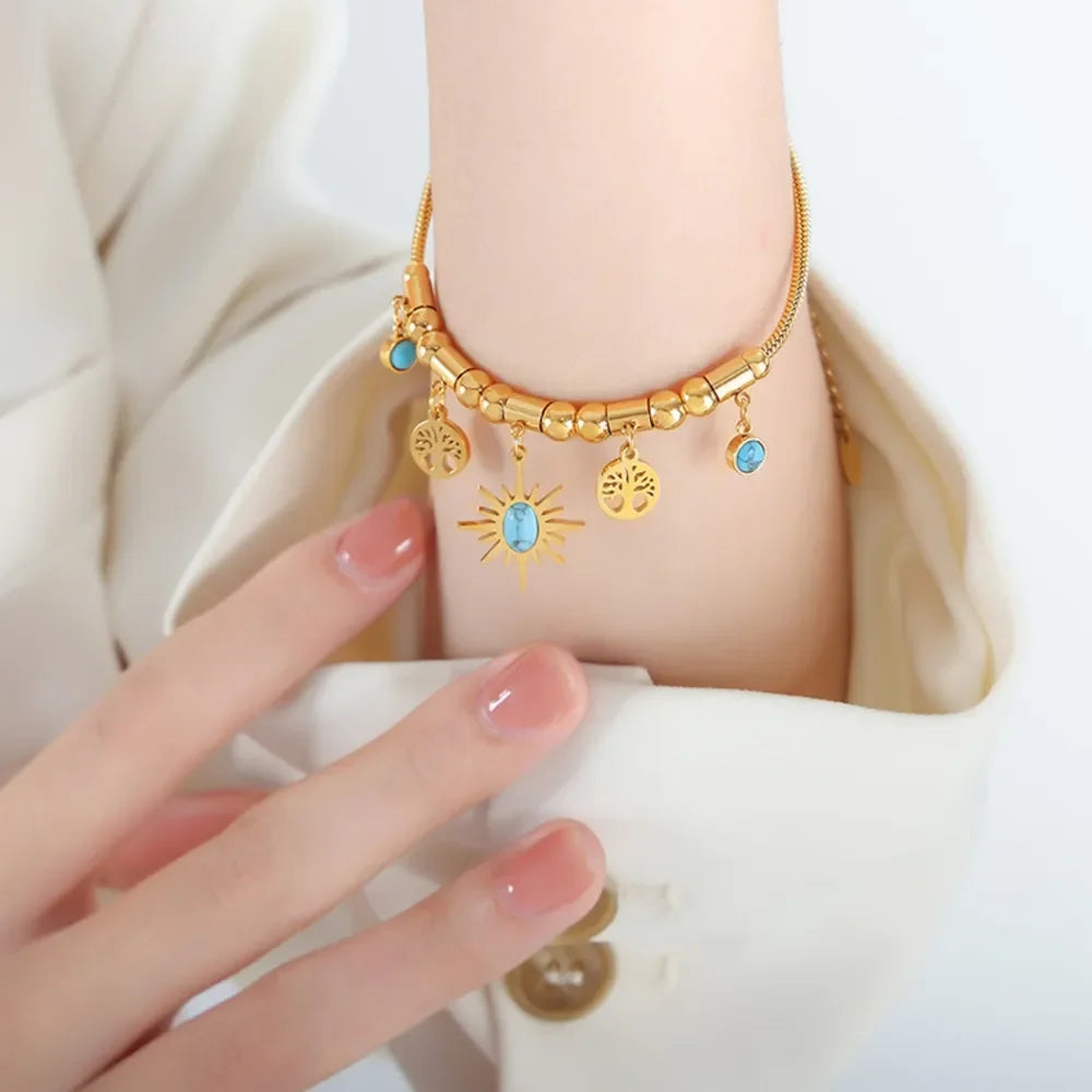 Gold Plated Titanium Steel Charm Bracelet Turquoise Accents - Southern Shores Clothing
