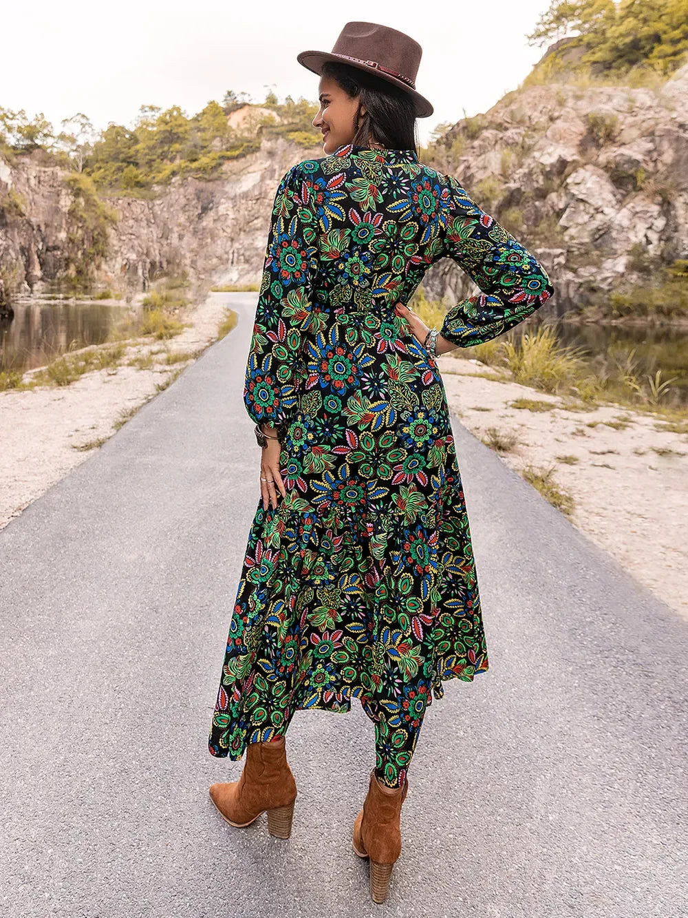 Printed Notched Neck Maxi Dress For Coastal Style - Southern Shores Clothing