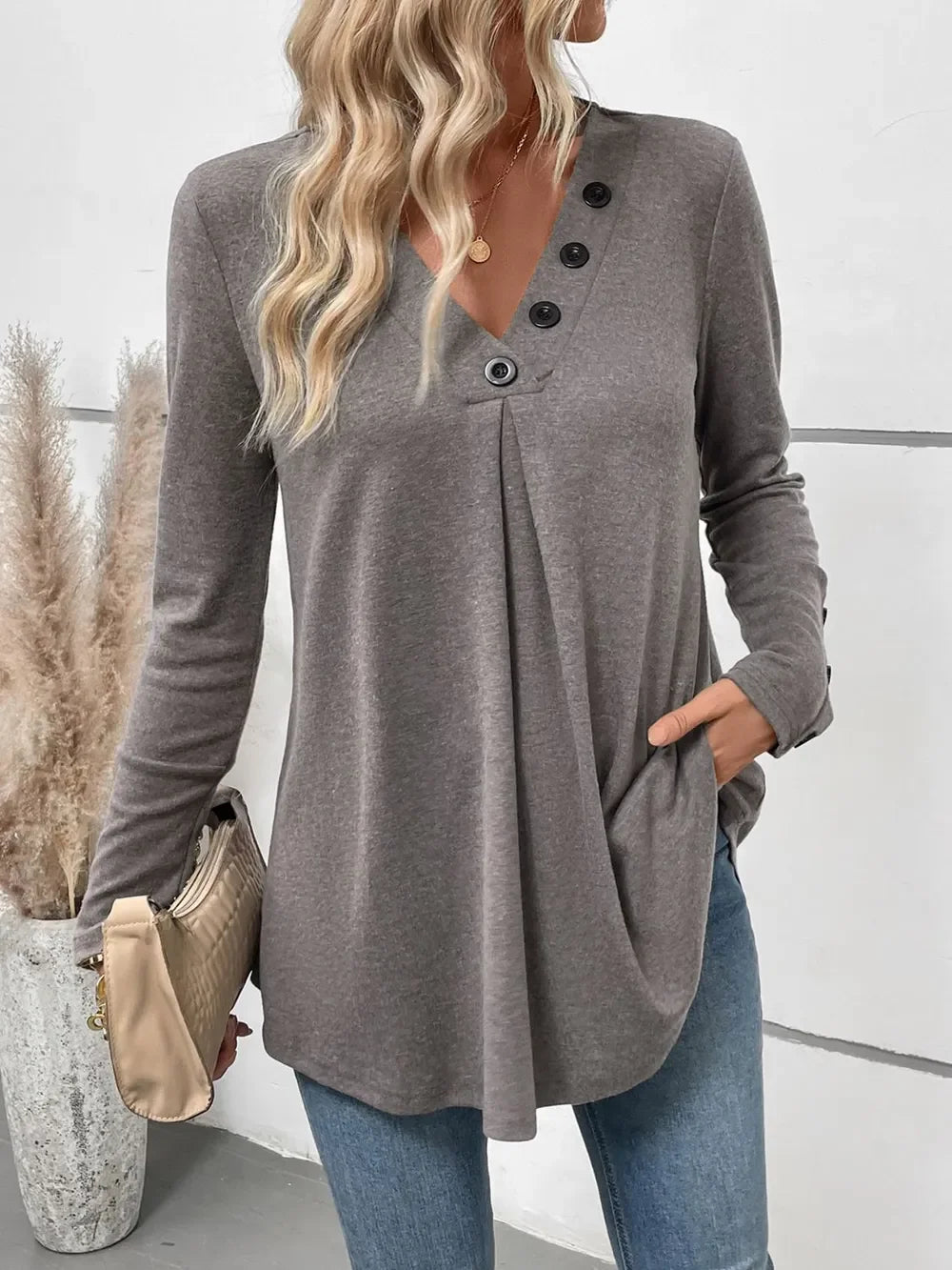 V-Neck Long Sleeve T Shirt With Decorative Button - Southern Shores Clothing