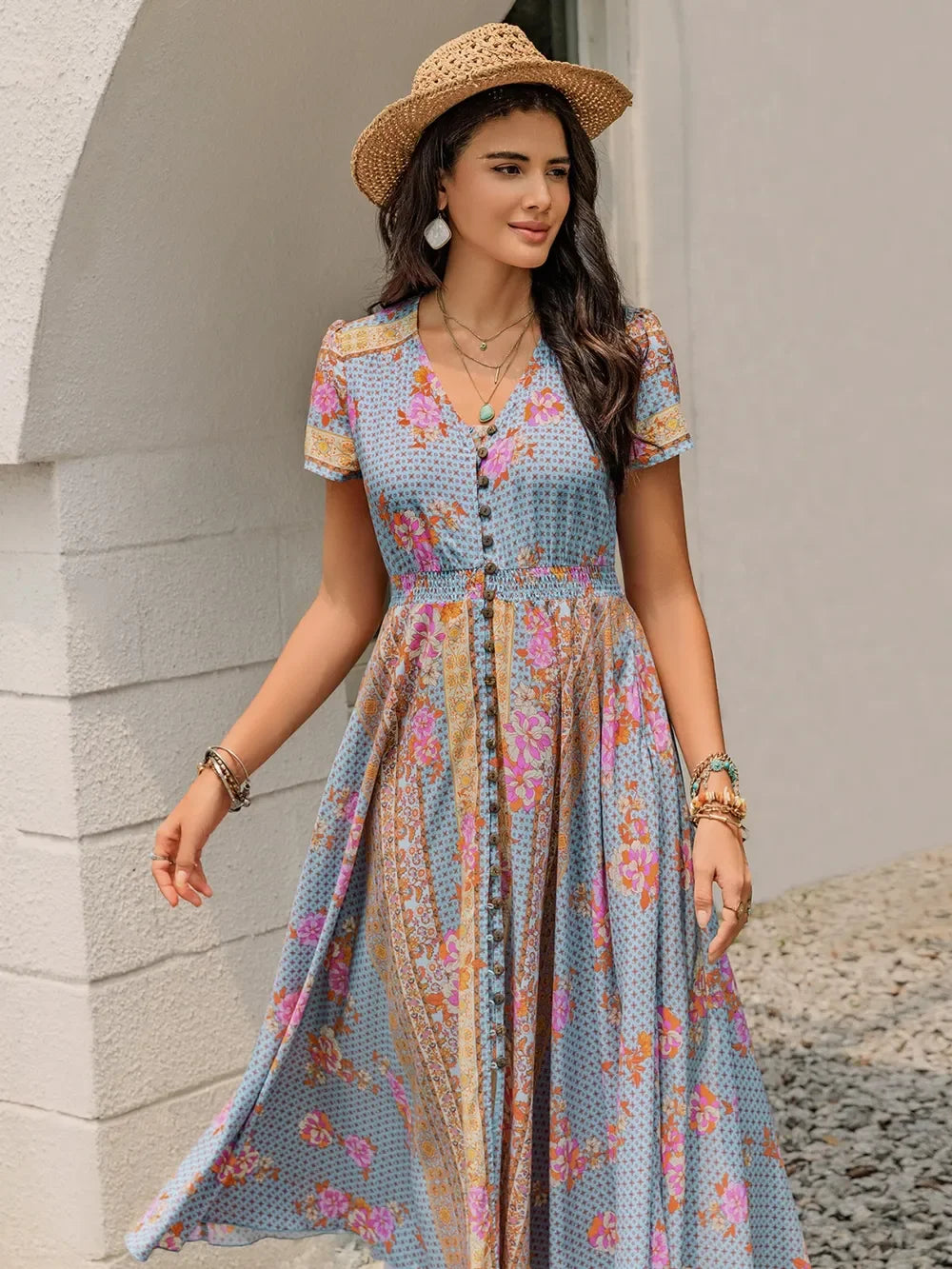 Smocked Floral V-Neck Midi Dress With Buttoned Slit Ruched - Southern Shores Clothing