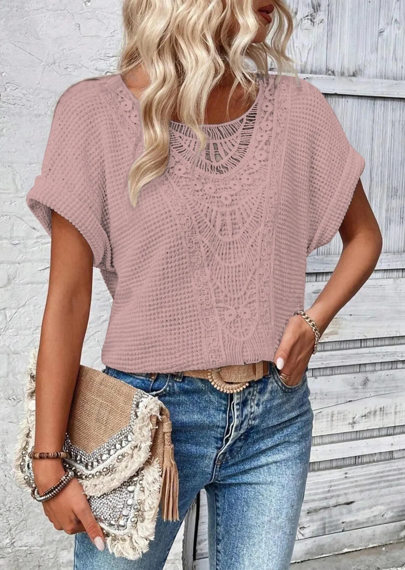 Crochet Lace Short Sleeve T Shirt Casual - Southern Shores Clothing