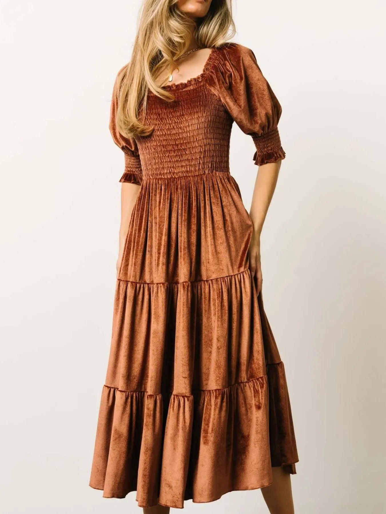Smocked Half Sleeve Tiered Midi Dress Coastal Style - Southern Shores Clothing