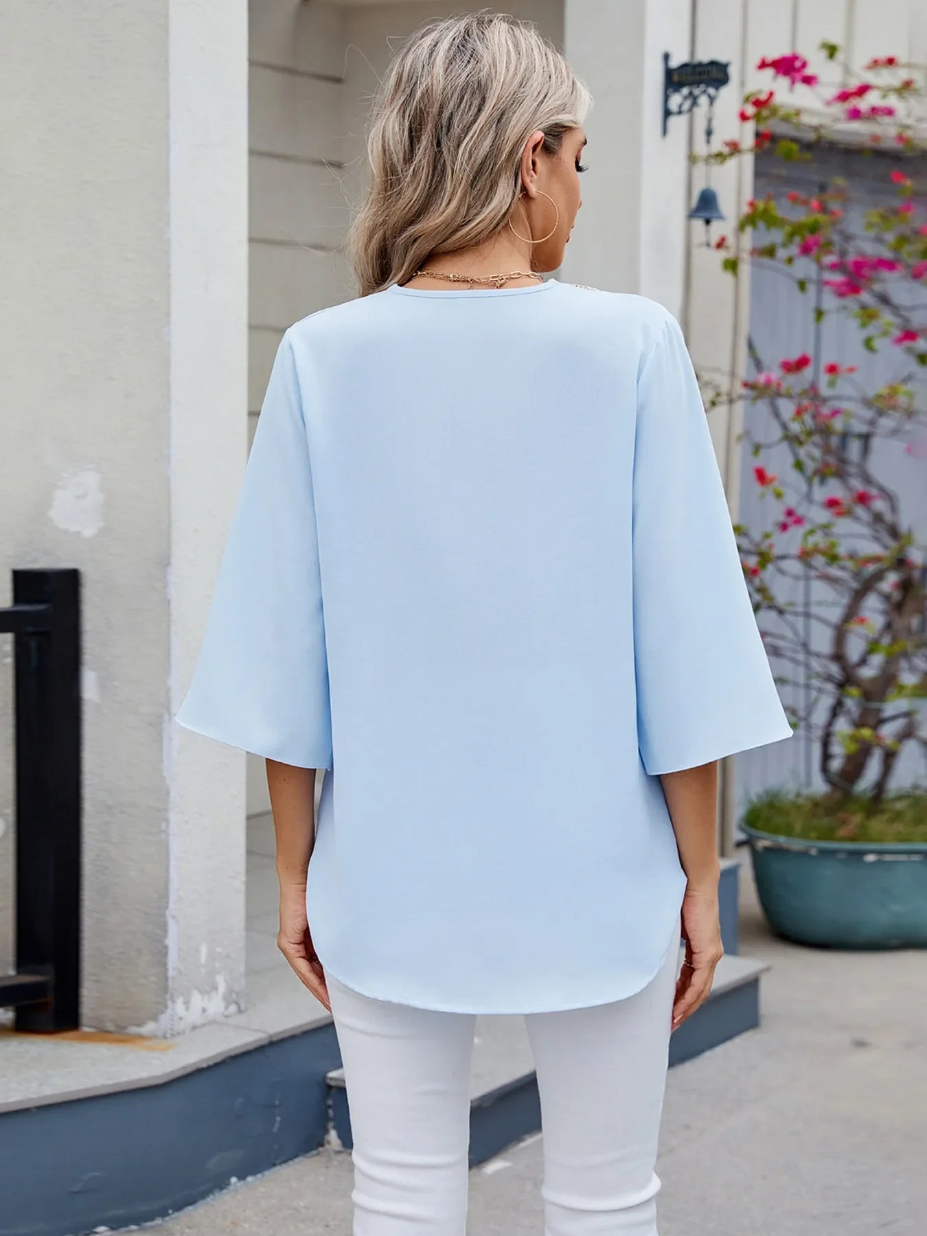 V-Neck Lace Trim Blouse With Rayon Blend And Spade Design - Southern Shores Clothing