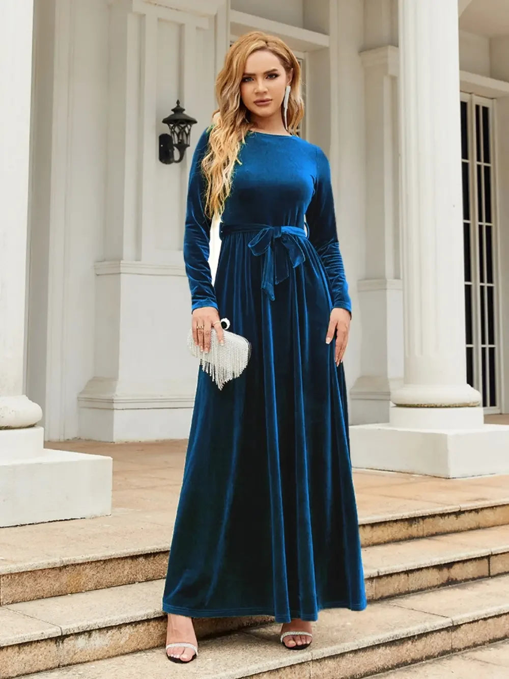 Tie Front Round Neck Long Sleeve Maxi Dress - Southern Shores Clothing