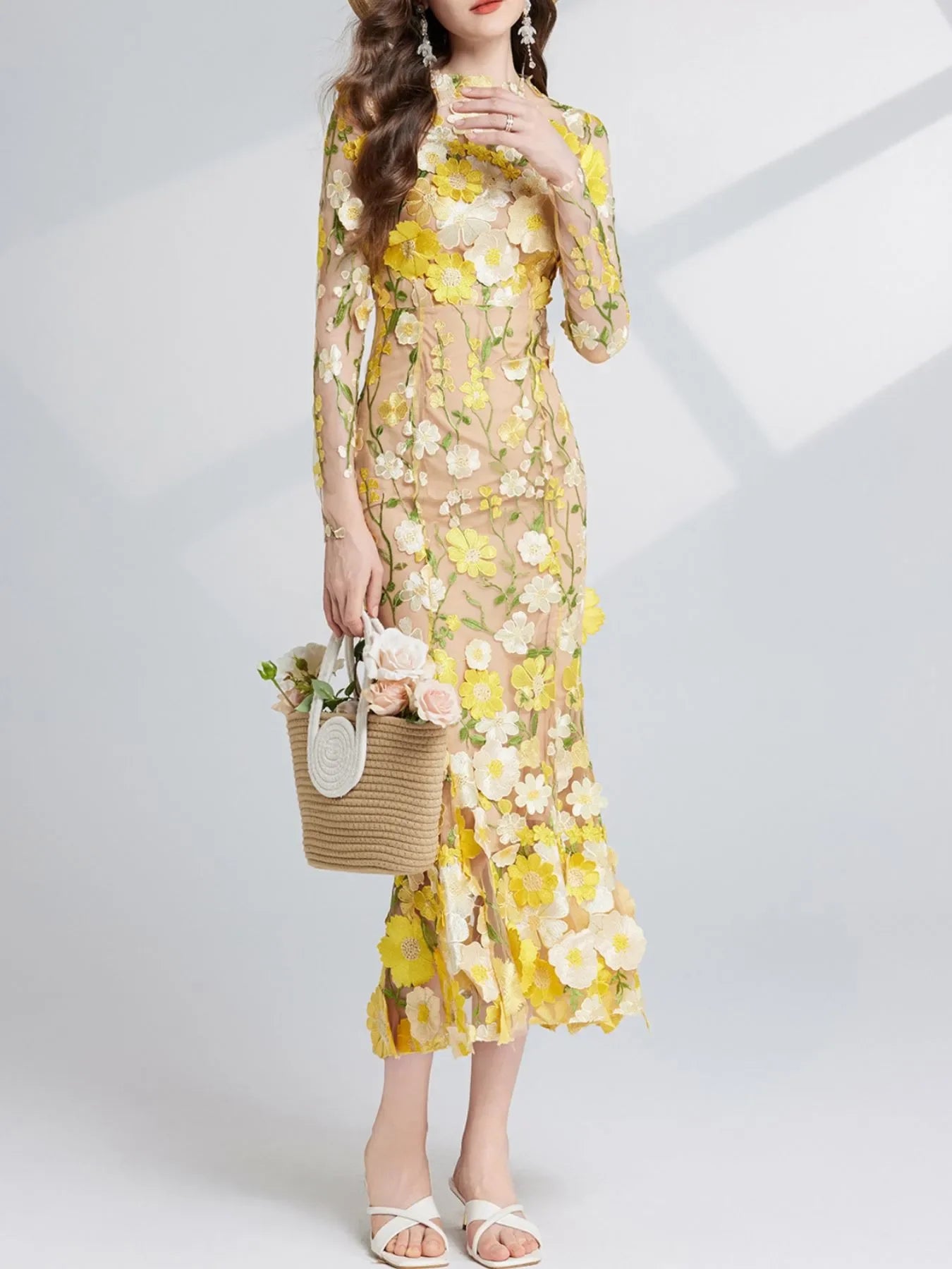 Floral Embroidered Magnolia Mesh Long Sleeve Midi Dress - Southern Shores Clothing