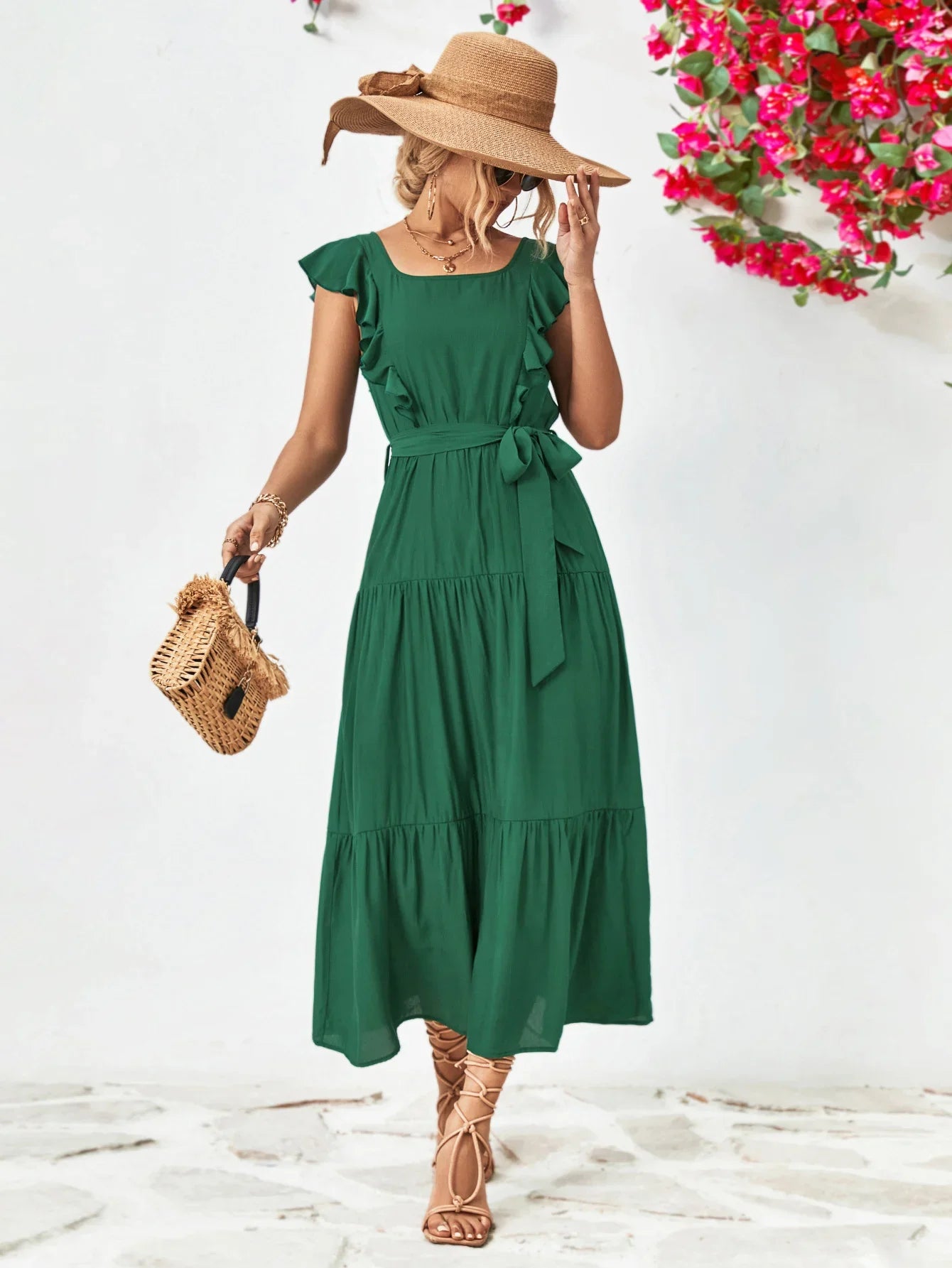 Tie Belt Ruffled Tiered Dress - Southern Shores Clothing