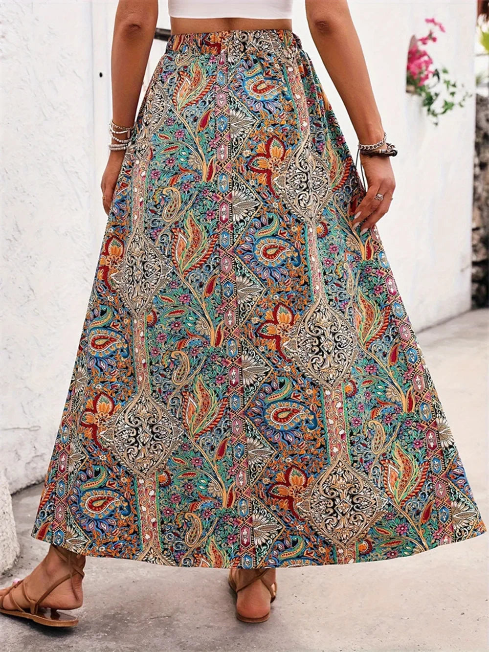 Printed Elastic Waist Slit Skirt Lightweight - Southern Shores Clothing