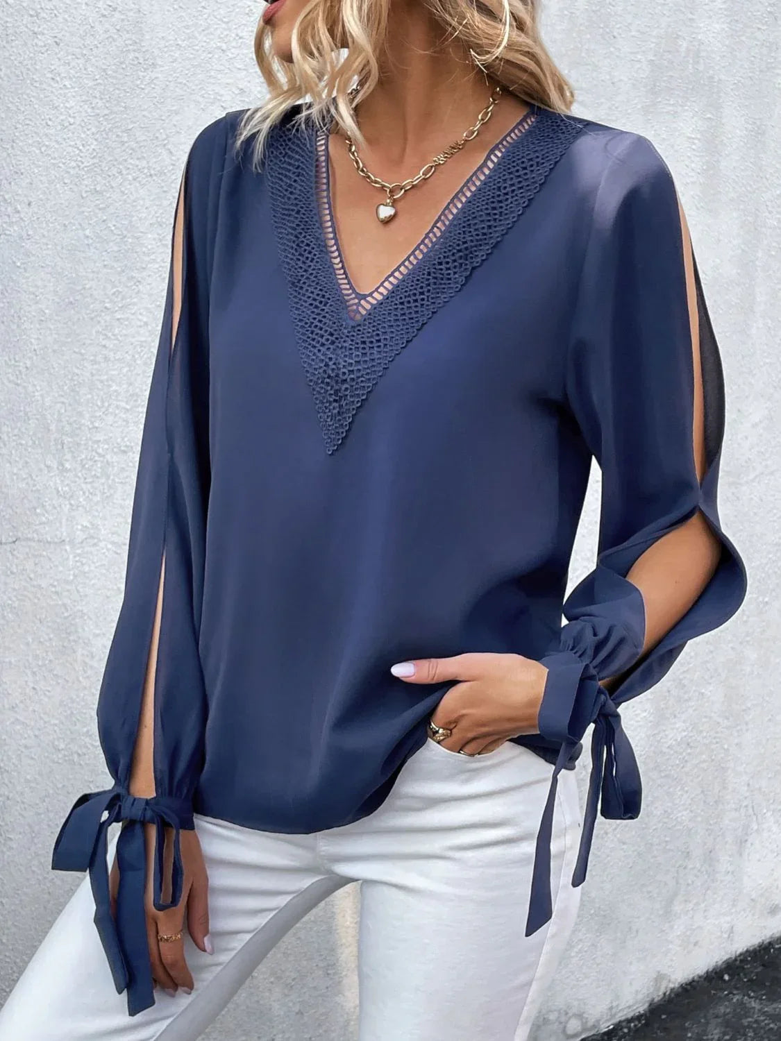 V Neck Tie Cuff Slit Solid Long Sleeve Blouse Chic - Southern Shores Clothing