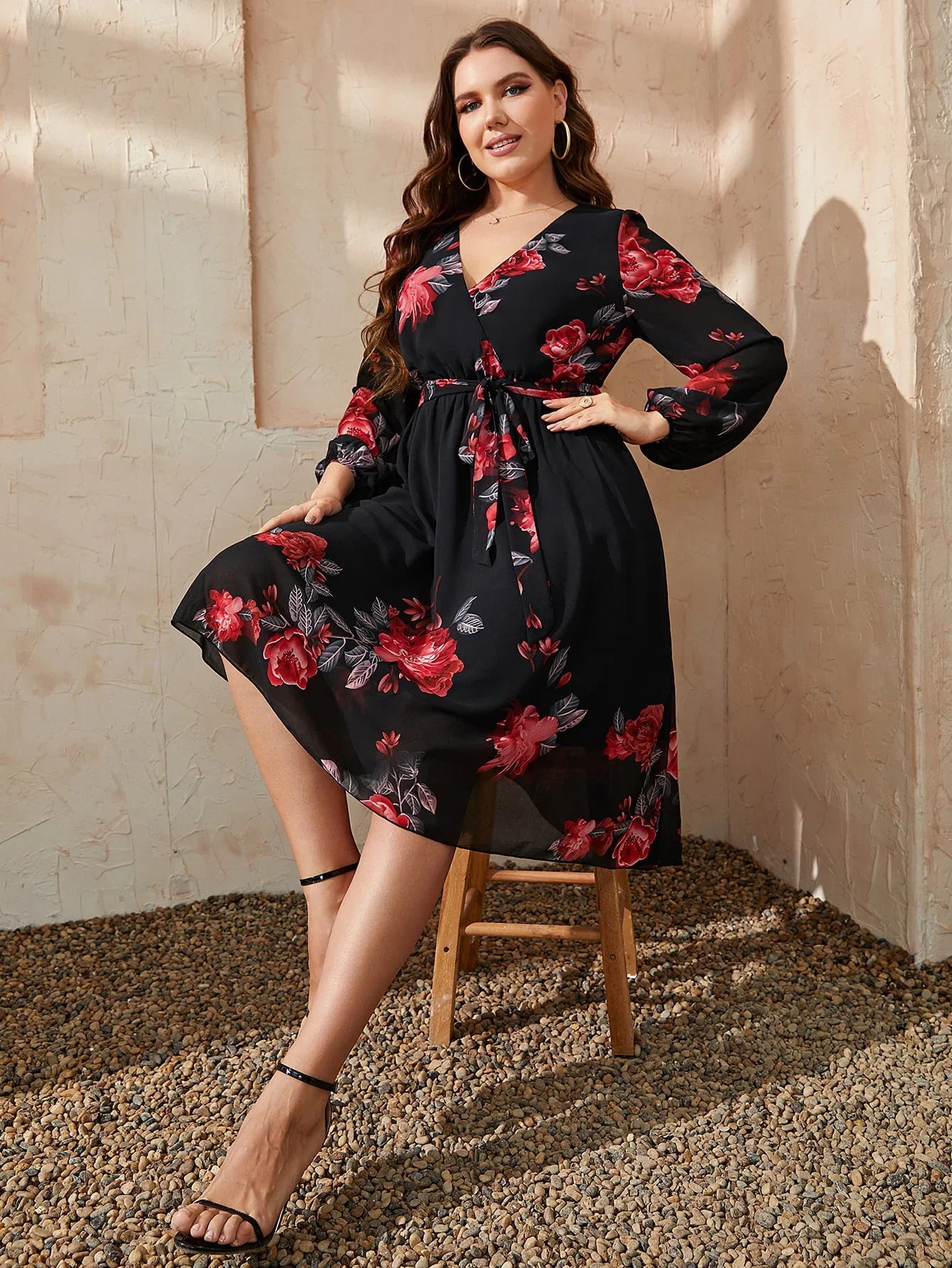 Plus Size Floral Surplice Neck Tie Waist Dress - Southern Shores Clothing