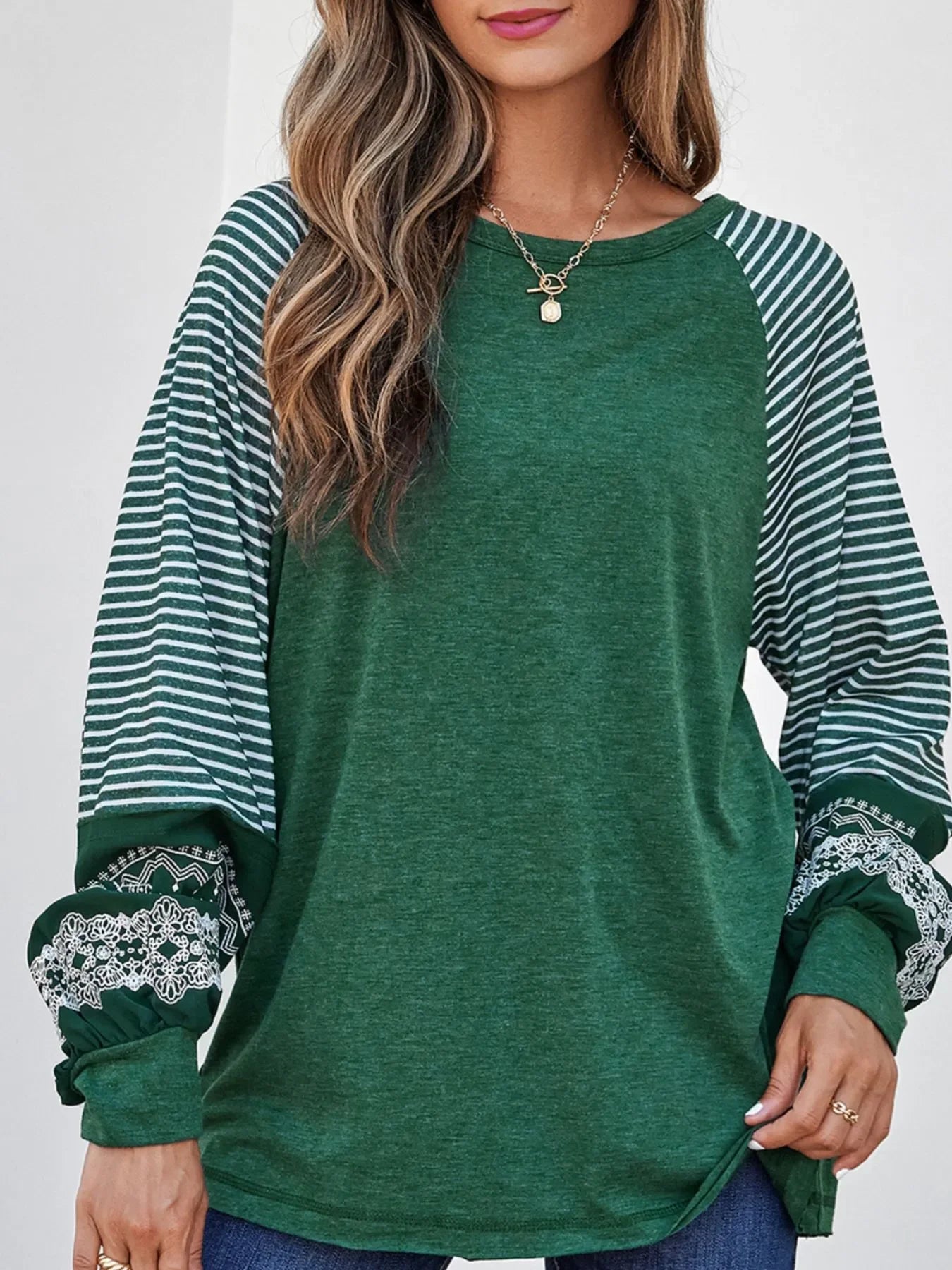 Contrast Print Striped Raglan Long Sleeve Loose Top - Southern Shores Clothing
