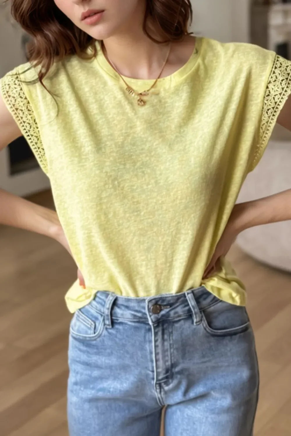 Lace Patchwork Cap Sleeve Round Neck T Shirt - Southern Shores Clothing