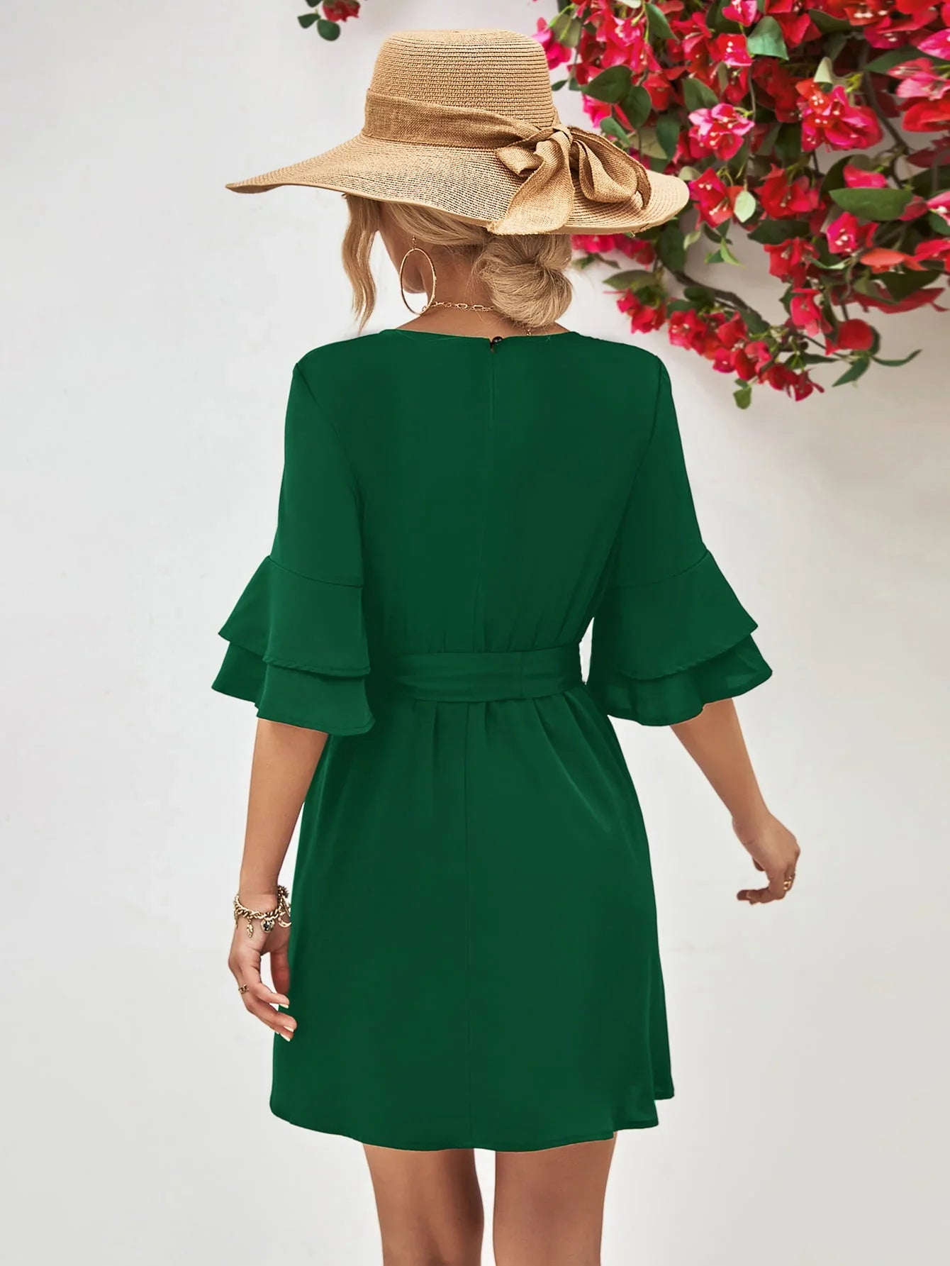 Round Neck Tie Belt Flounce Sleeve Dress - Southern Shores Clothing