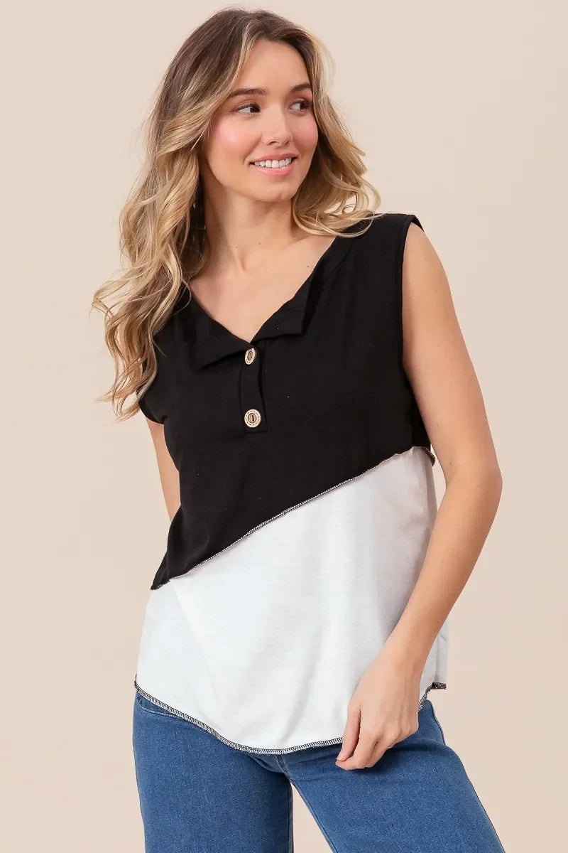 Block Design Buttoned Henley Top With Contrast Stitching - Southern Shores Clothing
