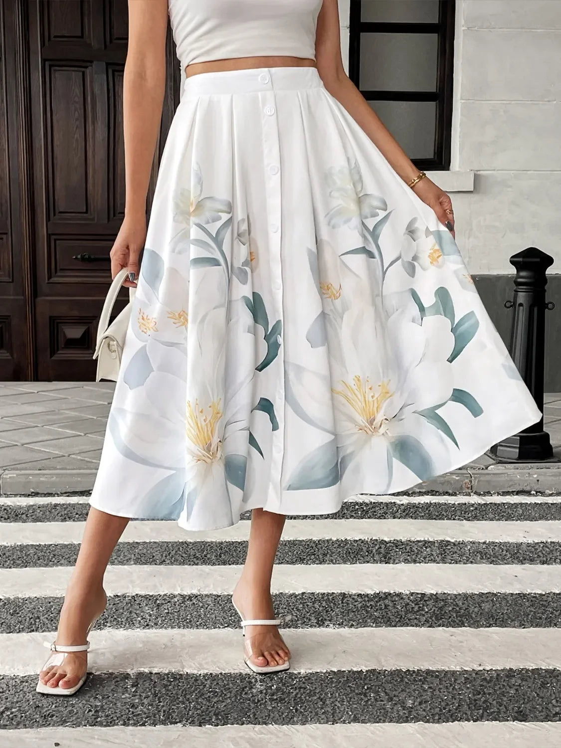 Floral Print Midi Skirt With Button Details - Southern Shores Clothing