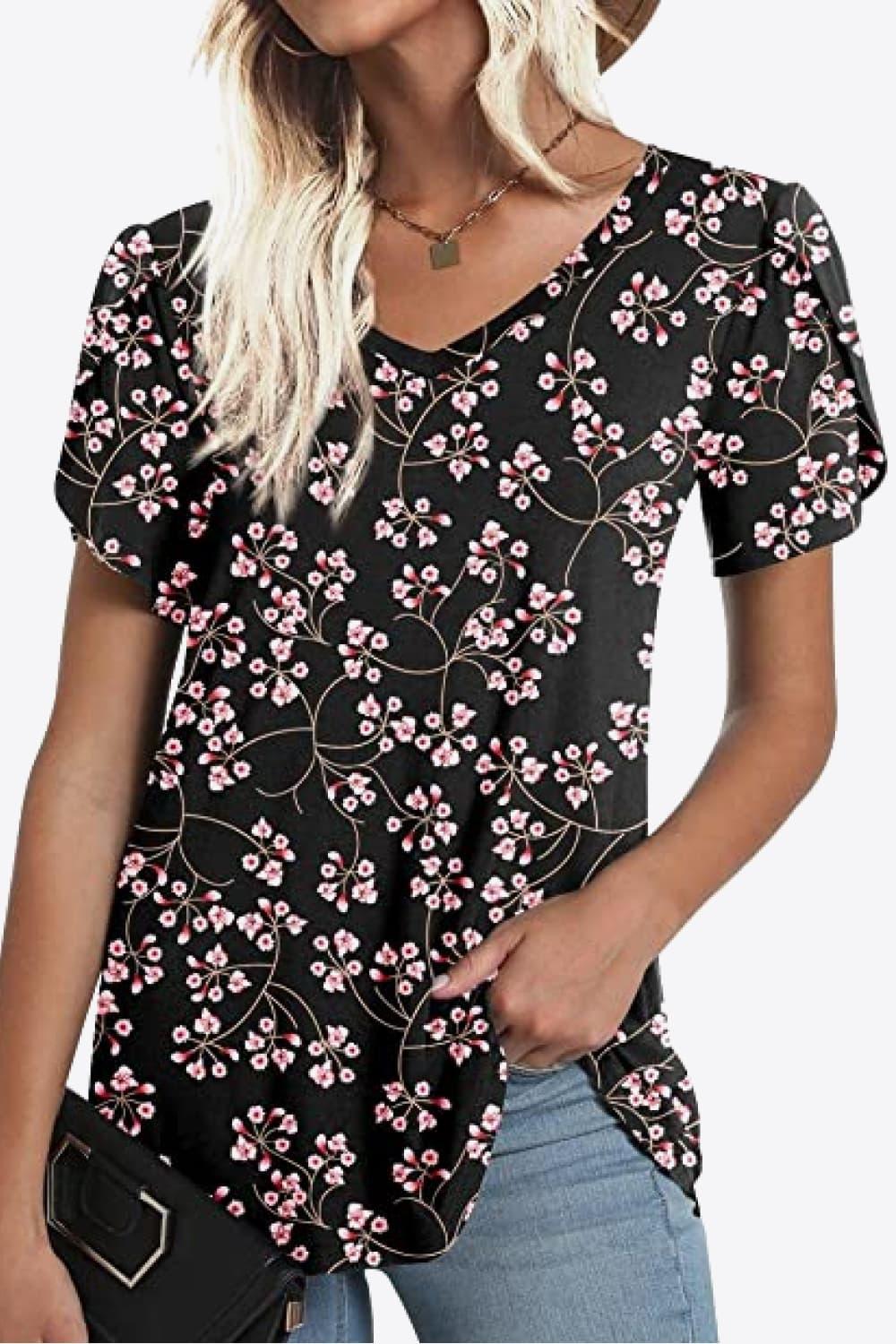 Casual Floral V Neck Blouse With Petal Sleeves - Southern Shores Clothing