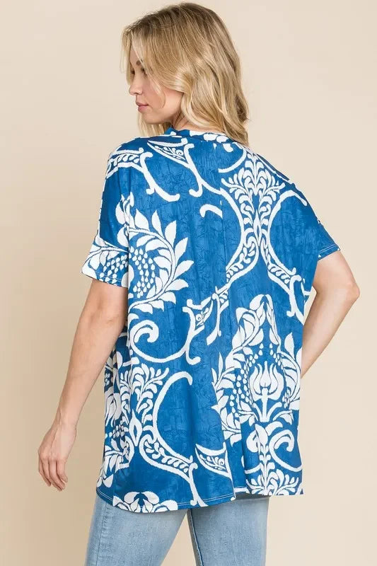 Printed V-Neck Tunic Top With Relaxed Fit - Southern Shores Clothing