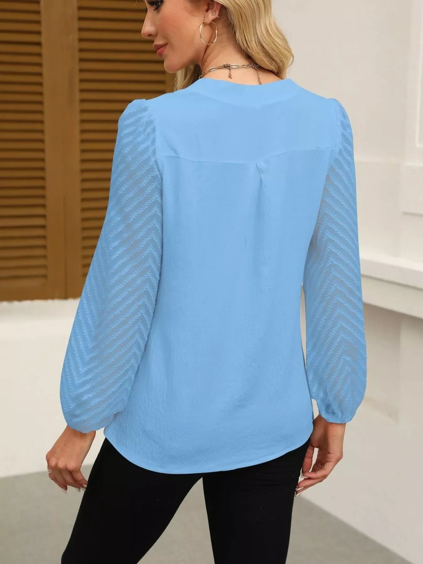 Notched Balloon Sleeve Polyester Blouse Effortless Style - Southern Shores Clothing