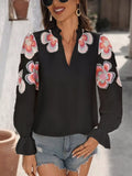 Floral Embroidered Notched Long Sleeve Blouse - Southern Shores Clothing