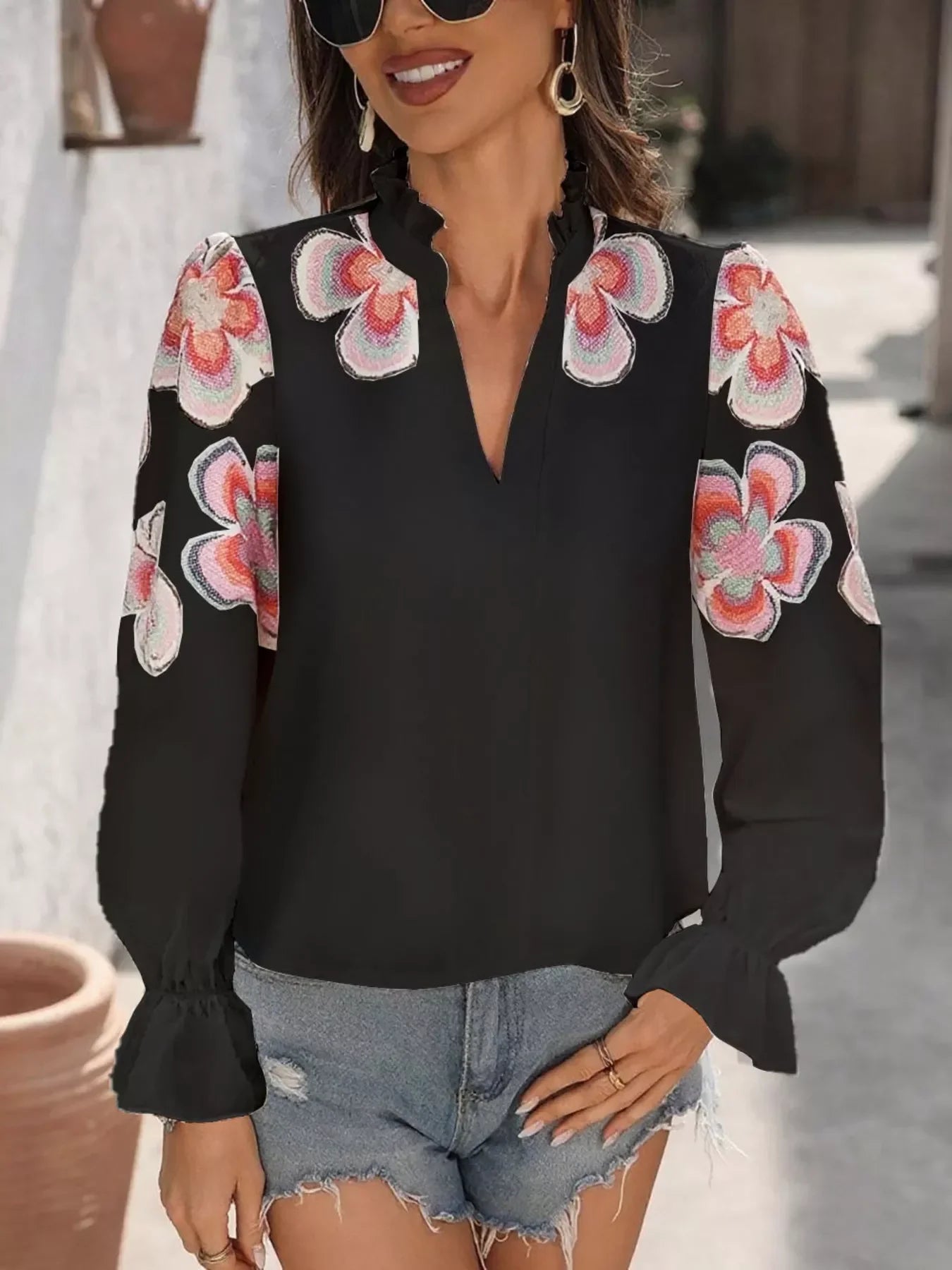 Floral Embroidered Notched Long Sleeve Blouse - Southern Shores Clothing