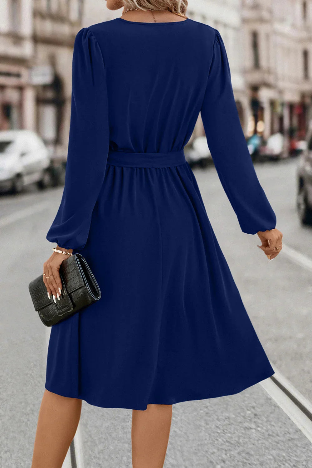 Tie Waist Notched Neck Long Sleeve Dress - Southern Shores Clothing