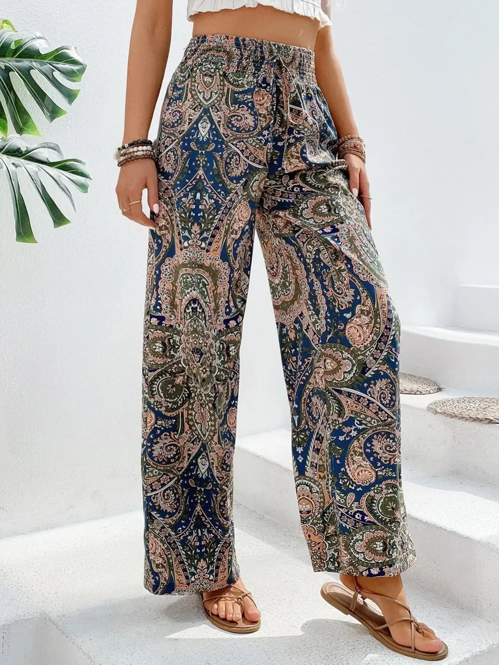 Printed Wide Leg Pants With Paisley Print Drawstring Waist - Southern Shores Clothing