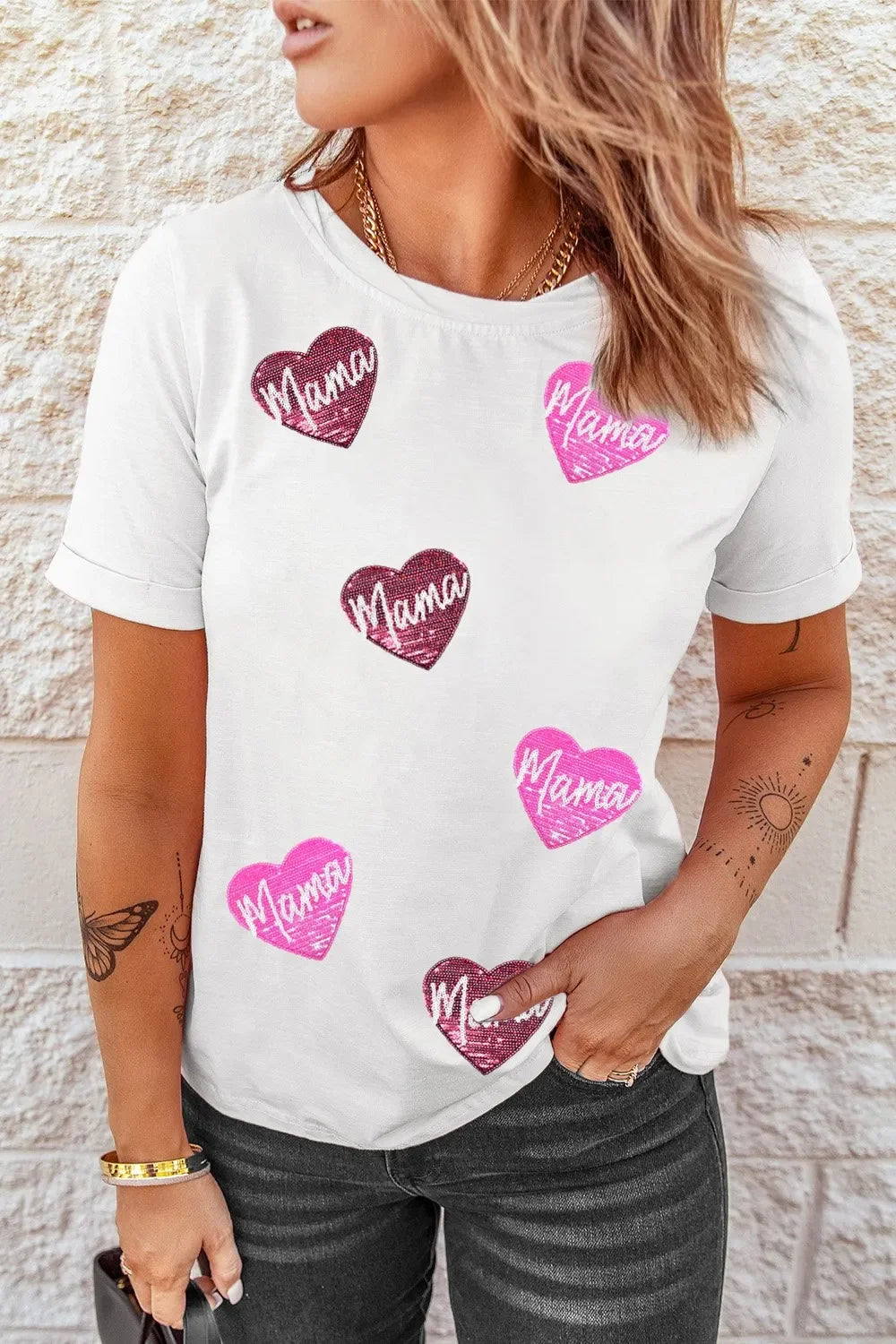 Heart Shape Sequin Patched Crew Neck T Shirt - Southern Shores Clothing