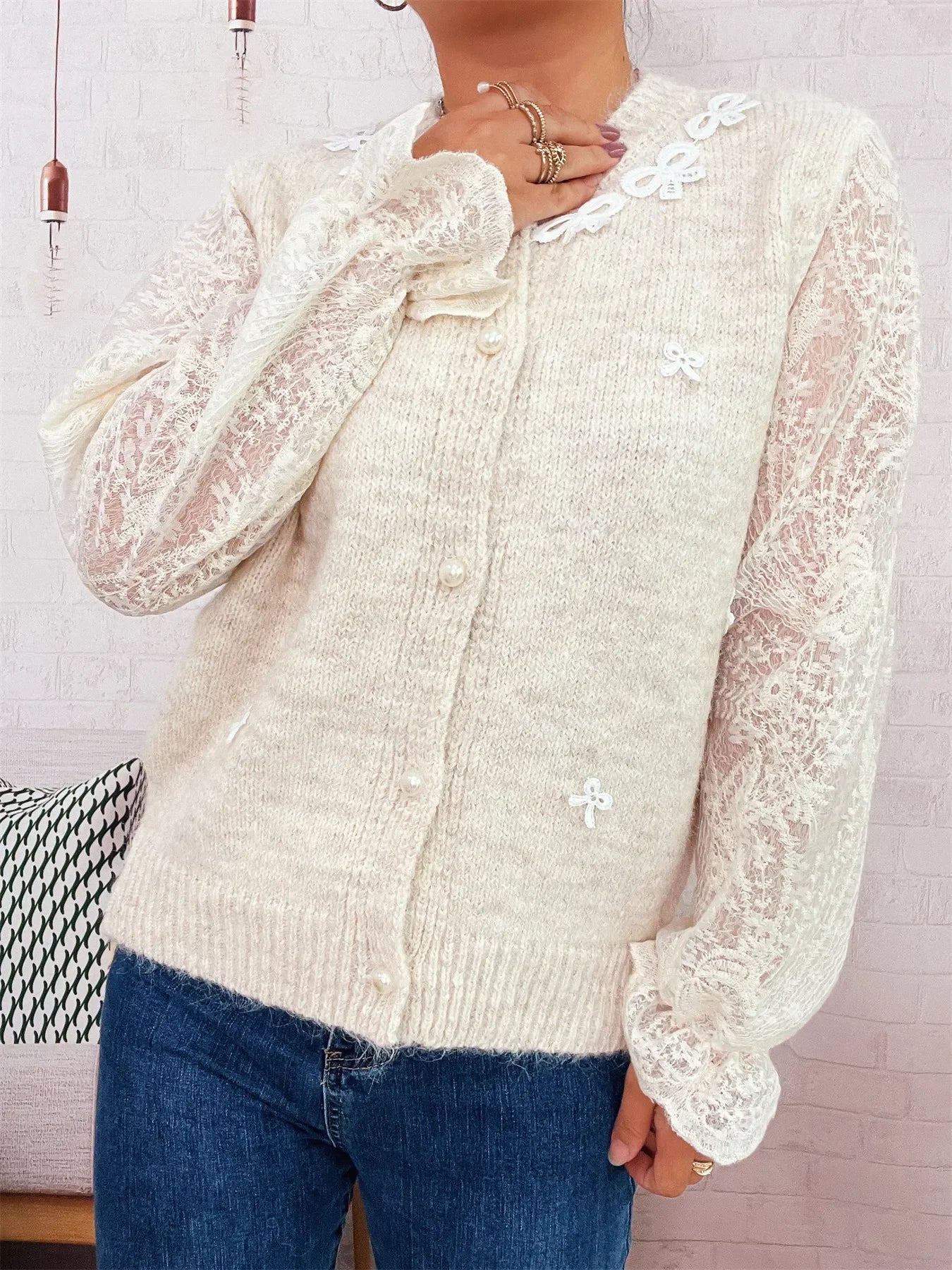 Lace Sleeve Button-Up Cardigan With Ruffled Detail - Southern Shores Clothing